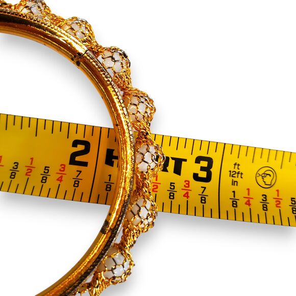 Gold Tone Blingy Bangle Bracelet w/ White Beads Basket Weave Indian Style 2" Dia - Picture 8 of 11